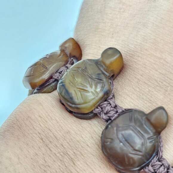 Vintage Hand Carved Stone Turtle Adjustable Rope Bracelet, Brown, One Size - Picture 8 of 12